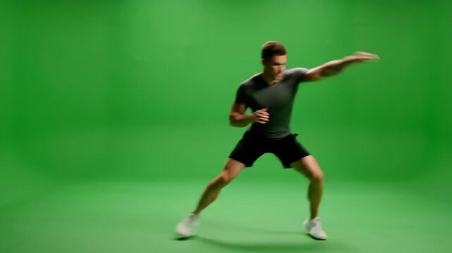 Dynamic Motion Blur of a Fit Athlete Sprinting During an Intense Workout on a Green Screen