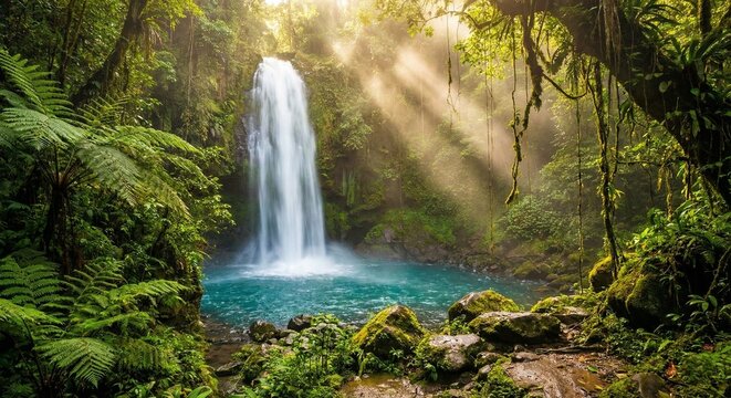 Tall waterfall cascading into a clear blue pool surrounded by lush green jungle plants, mist floating in the air, sun rays breaking through dense canopy, vibrant and fresh rainforest background - Powered by Adobe