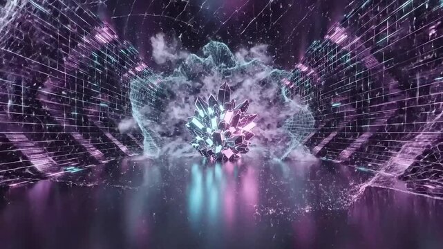 Futuristic holographic energy core forming inside a glowing cyber tunnel with neon particles and digital light reflections in a sci fi virtual environment