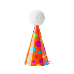 A single, vibrant neon orange party hat with glossy multi-colored polka dots and a white pom-pom, isolated on a transparent background with copy space. birthday celebration atmosphere