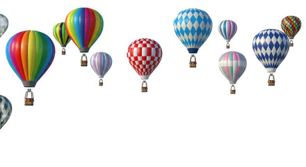 nine distinct hot air balloons with geometric patterns and wicker baskets floating weightlessly against a seamless, high-key white background (16:9 banner), concept for travel advertising