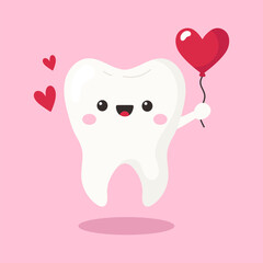 Cute tooth character with heart balloon 