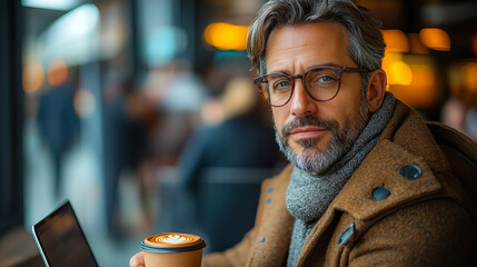 Stylish mature businessman with glasses and beard enjoys a morning coffee while working remotely on a laptop in a busy cafe setting