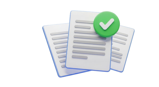 Three documents with a green checkmark on transparent background isolated on a transparent background