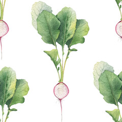 Fresh red sliced radish with greenery. Isolated hand drawn watercolor botanical seamless pattern. Endless print of garden vegetable beet. Vegan food background for packaging design, menu, textile