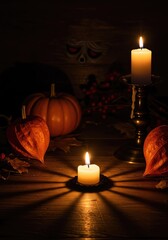 Flickering candlelight casting eerie shadows on a rustic wooden surface, highlighting creepy decorative autumn elements for the spooky holiday atmosphere ,october ,darkness ,mystic