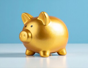 Golden Piggy Bank on a Blue Background Representing Savings and Financial Growth.