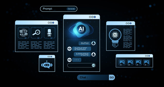Futuristic AI chatbot interface with digital assistant tools and icons on dark blur background representing artificial intelligence concept design. 3D Rendering