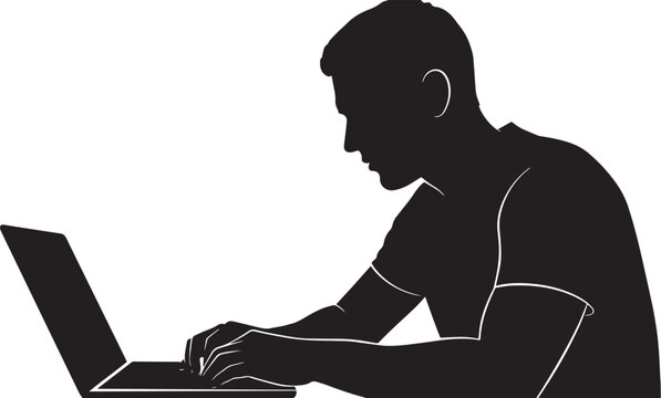 Solid Black Silhouette of Man Sitting and Working on Laptop, Minimalist Remote Work Illustration, Business and Technology Clipart on White Background