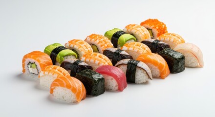 Freshly prepared Japanese delicacy, a variety of colorful sushi pieces arranged neatly on a pure white studio background for maximum clarity ,sashimi ,oriental ,clean