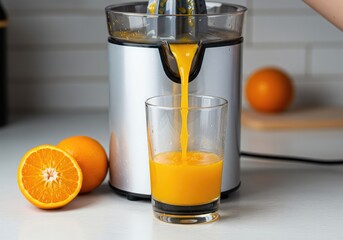 Freshly squeezed vibrant orange juice flowing from a modern electric citrus juicer machine into a glass on a white kitchen counter ,machine ,fruit ,Juicer