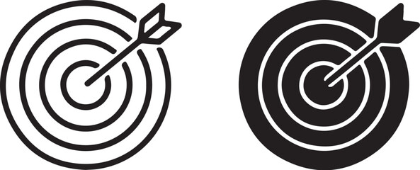 Two dartboard icons one outlined and one solid black with arrows hitting the bullseye Keywords: dartboard, target, bullseye, arrow, hit, goal, success, accuracy, precision, on transparent background