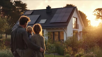 Young family with a child standing embraced in front of a modern house with solar panels at sunset - Powered by Adobe