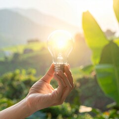 Hand holding a glowing light bulb against a natural green background with bright sunlight.