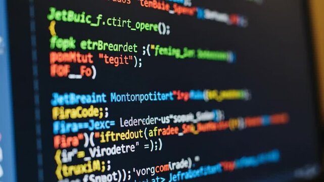 Close up of computer screen displaying colorful code snippets and programming language.