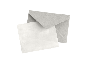 Blank grunge light paper card and grey retro envelope isolated on white. Trendy color of 2026 Cloud Dancer.