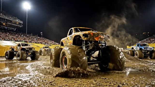 Monster Trucks Race in Muddy Arena at Night During a Stadium Event for Entertainment and Thrills
