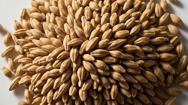 Close up of barley grains arranged in a circular pattern on a white background.