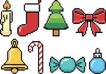 Vector Pixel Art Set of Christmas Icons, Including Candle, Stocking, Tree, Candy Cane, Bell, Ornament, Bow, and Wrapped Candy Sweet