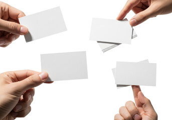 close-up macro shot of professional male hands meticulously holding several blank white rectangular business card mockups against a transparent studio background. concept for professional branding