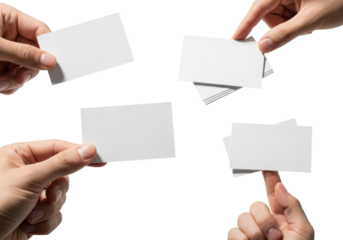 close-up macro shot of professional male hands meticulously holding several blank white rectangular business card mockups against a transparent studio background. concept for professional branding