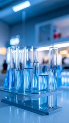 Laboratory glassware with blue liquid in a science lab, ready for experiments and research.