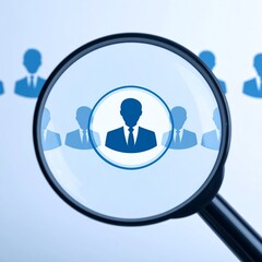 Magnifying Glass Focusing on a Central Business Person Icon Amidst a Group of Silhouettes.