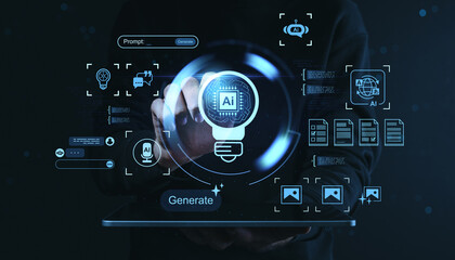 Futuristic concept of artificial intelligence generation with digital icons and tech interface on dark background showing creative AI interaction tools.