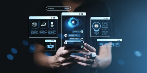Futuristic AI interface concept with chatbot, icons and app panels floating above hands on dark tech background, showing digital communication tools.
