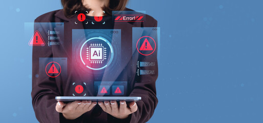 Woman holding tablet with AI error and system breach holograms on digital interface background, symbolizing bot malfunction and cyber security concept.
