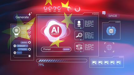 Futuristic AI agent user interface with Chinese flag elements over colorful tech-themed background for artificial intelligence concept design.