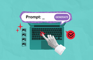 Creative AI content generation concept with prompt typing on laptop keyboard from top view on turquoise background, symbolizing tech innovation process.