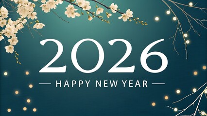 Happy new year 2026 greeting card design with elegant cherry blossoms and twinkling lights on a deep teal background
