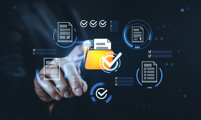 Digital document management concept with hand interacting with virtual folder and checklist icons on futuristic creative background interface.