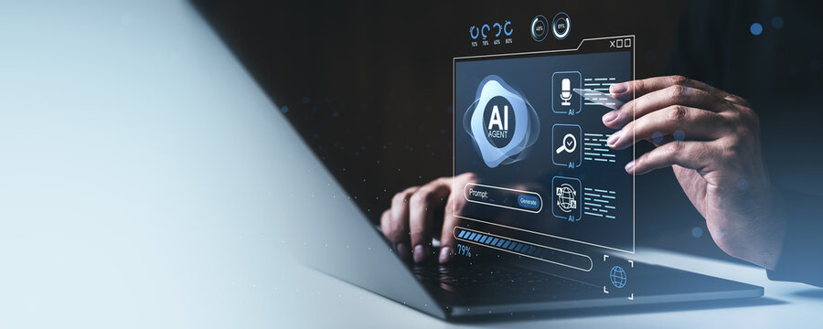 Person using laptop with futuristic AI interface concept on tech background, showcasing digital assistant and speech recognition tools. - Powered by Adobe