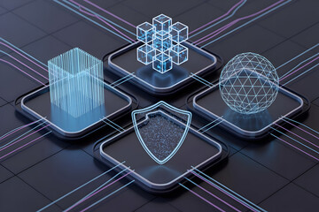 Abstract digital security concept featuring glowing data structures and a central protective shield icon