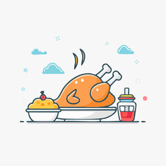 Naklejka premium A delicious roasted chicken served with side dishes and a drink, perfect for a holiday feast