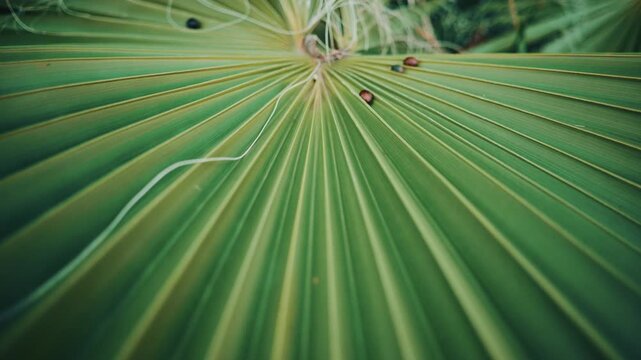 Close up of a fan shaped palm leaf with small seeds resting on the surface, highlighting natural textures and soft botanical tones