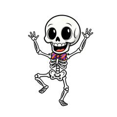 a whimsical human cartoon skeleton with a wide grin and purple bowtie performs an energetic dance kick against a transparent background, modern vector illustration, concept of playful celebration