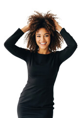 beautiful mixed-race young woman, black cocktail dress, voluminous natural curly hair, waist-up portrait smiling confidently against a bright high-key studio background. concept of carefree