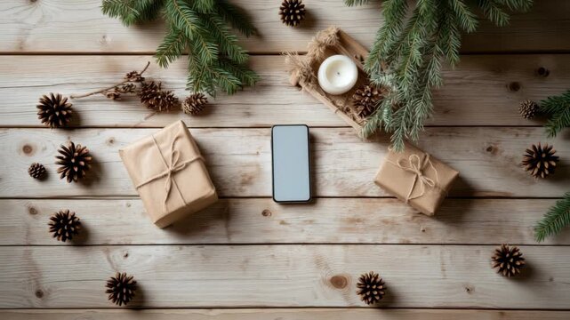 Gift arranging with a phone, pine cones, and candles on a wooden table