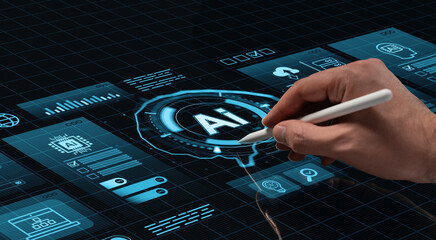 Hand holding stylus pen interacting with futuristic digital AI interface on holographic HUD screen in modern tech concept environment.