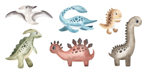 Dinosaurs watercolor illustration set of colorful animals isolated on white background. Cute characters for child nursery. invitation, card, book, textile, stickers. hand drawn © Elena