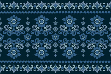 Elegant Blue Damask Ornamental Pattern on Navy Background. Vintage Floral Decorative Design in Classic Royal Style