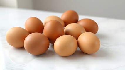 highkey. Brown eggs on white marble, high-key food photography with soft window light and clean minimalism. menu design.
