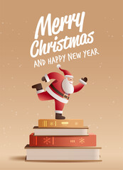 Santa Christmas New Year celebration festive scene Santa Claus balancing cheerfully on stacked books with snowflakes on a warm gradient background