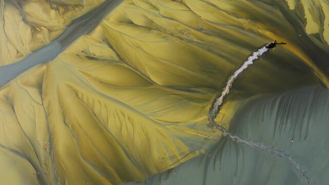Surreal aerial view of duck trapped in colorful chemical mining leach residuals