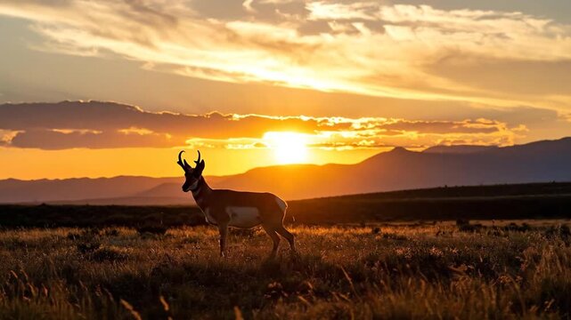 Pronghorn Antelope Silhouette Walking in Sunset Landscape
