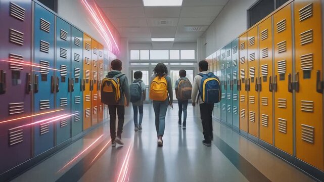 modern school hallway with lockers in vibrant colors, students walking with backpacks