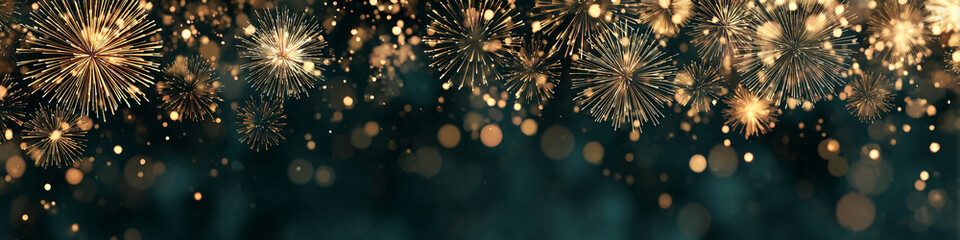 Dazzling gold fireworks light up the night sky with bokeh effects for a festive celebration